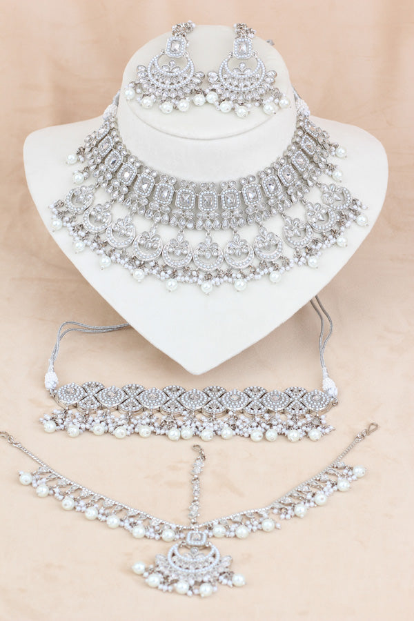White Silver Polish Double Choker Set With Large Earrings Saharey Attached And Matta Patti (CS014-W-SP-Polki)