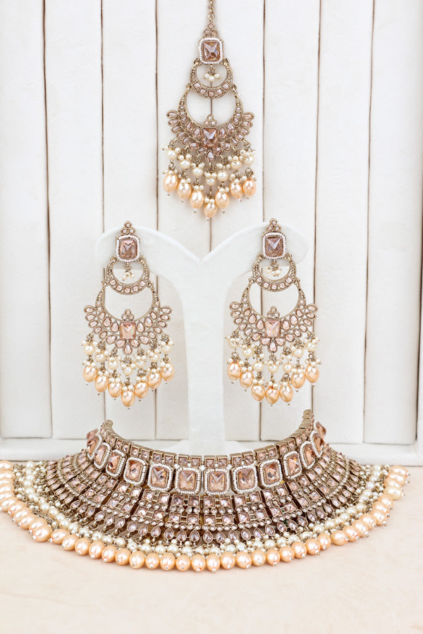 Golden Large Statement Polki Choker With Large Earrings And Tikka (CS015-GO-MP-Polki)