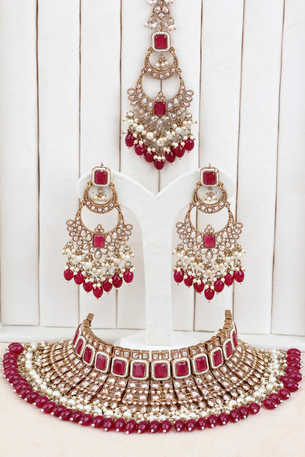 Magenta Large Statement Polki Choker With Large Earrings And Tikka (CS015-MS-MP-Polki)