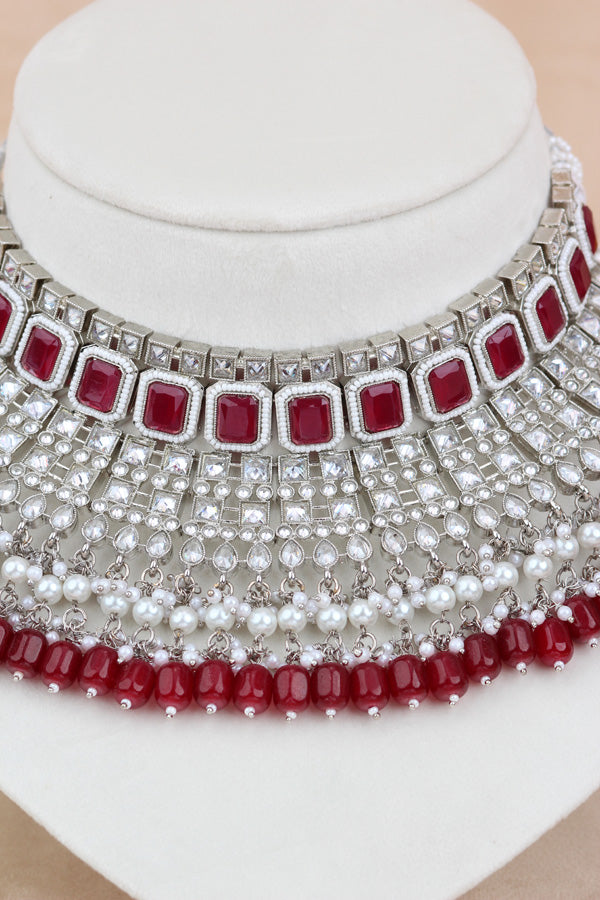 Magenta Large Statement Polki Choker With Large Earrings And Tikka (CS015-MA-SP-Polki)