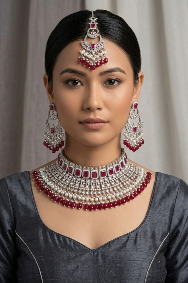 Magenta Large Statement Polki Choker With Large Earrings And Tikka