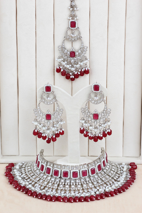 Magenta Large Statement Polki Choker With Large Earrings And Tikka (CS015-MA-SP-Polki)