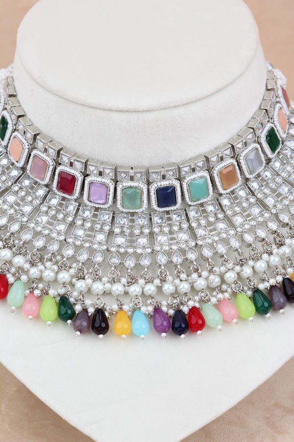 Multi Large Statement Polki Choker With Large Earrings And Tikka (CS015-MU-SP-Polki)