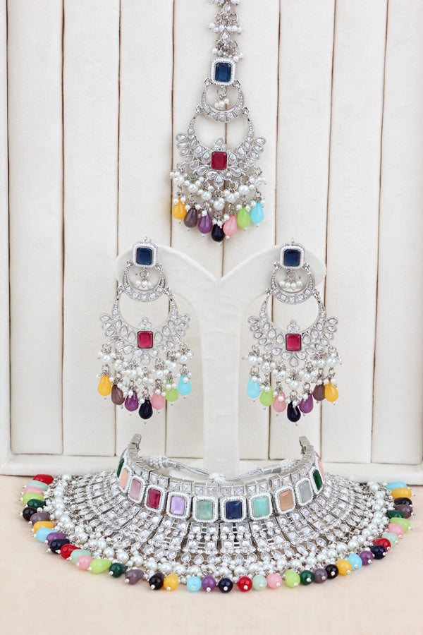 Multi Large Statement Polki Choker With Large Earrings And Tikka (CS015-MU-SP-Polki)
