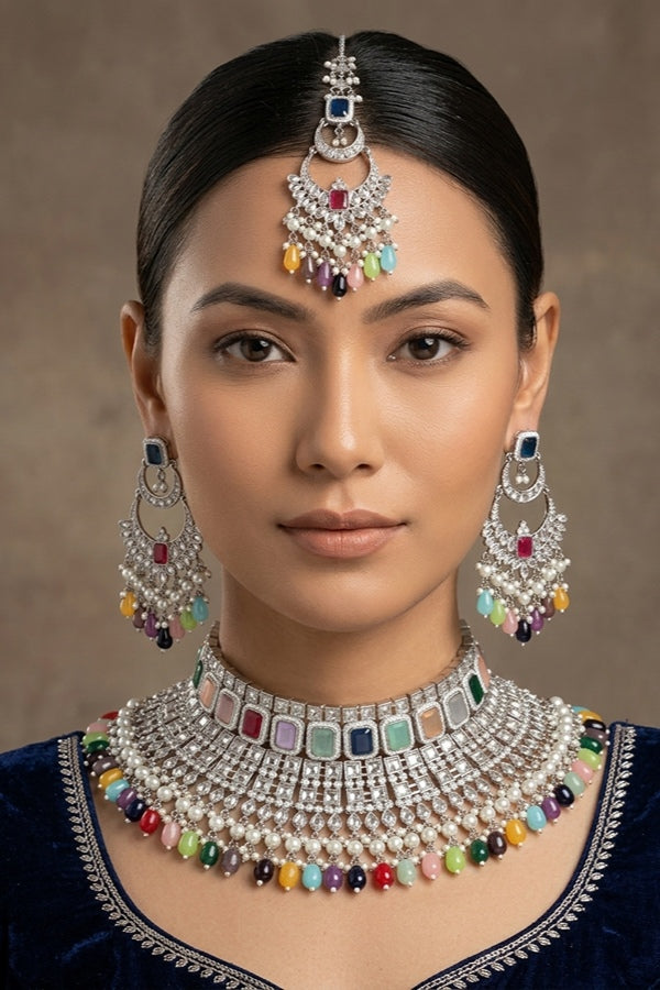 Multi Large Statement Polki Choker With Large Earrings And Tikka