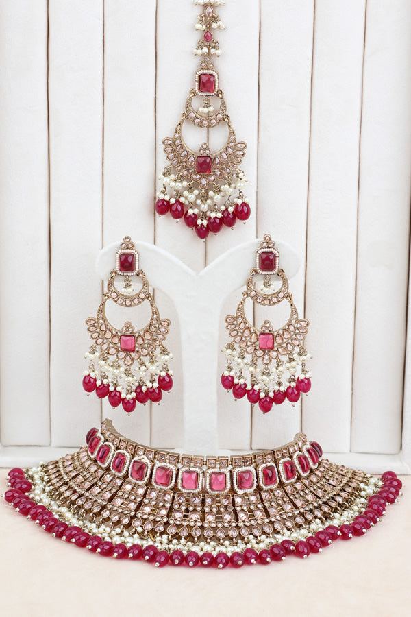 Onion Red Large Statement Polki Choker With Large Earrings And Tikka (CS015-OR-MP-Polki)