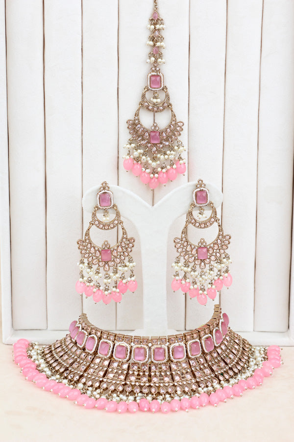 Pink Large Statement Polki Choker With Large Earrings And Tikka (CS015-P-MP-Polki)