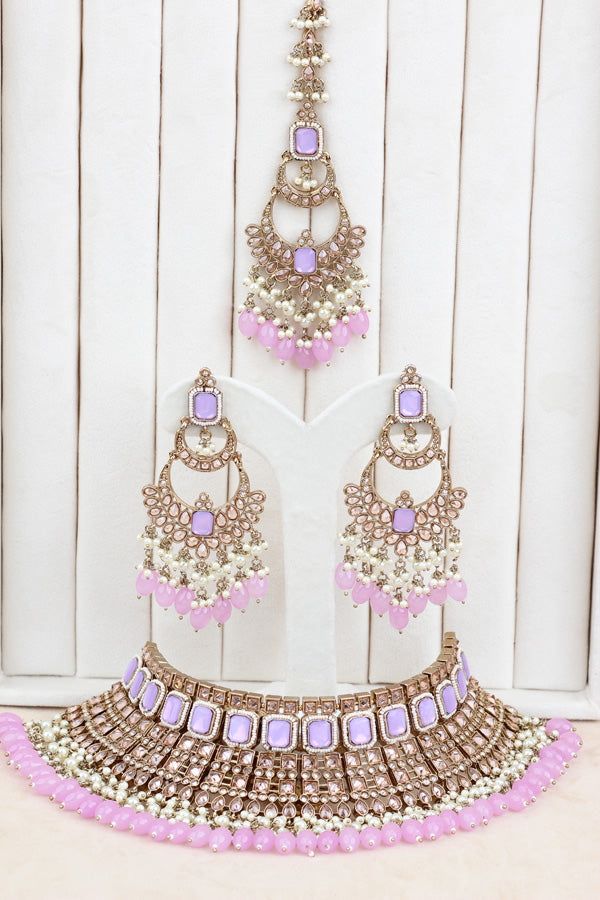 Pink | Purple Large Statement Polki Choker With Large Earrings And Tikka (CS015-PP-MP-Polki)