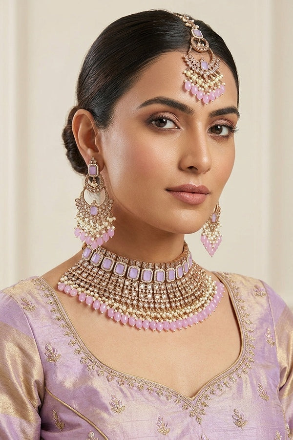 Pink | Purple Large Statement Polki Choker With Large Earrings And Tikka