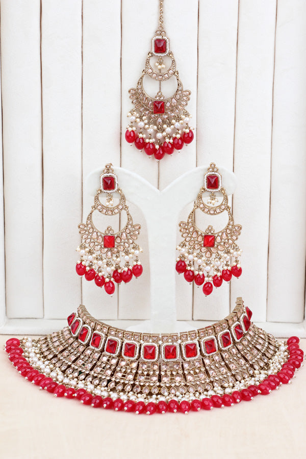 Red Large Statement Polki Choker With Large Earrings And Tikka (CS015-R-MP-Polki)