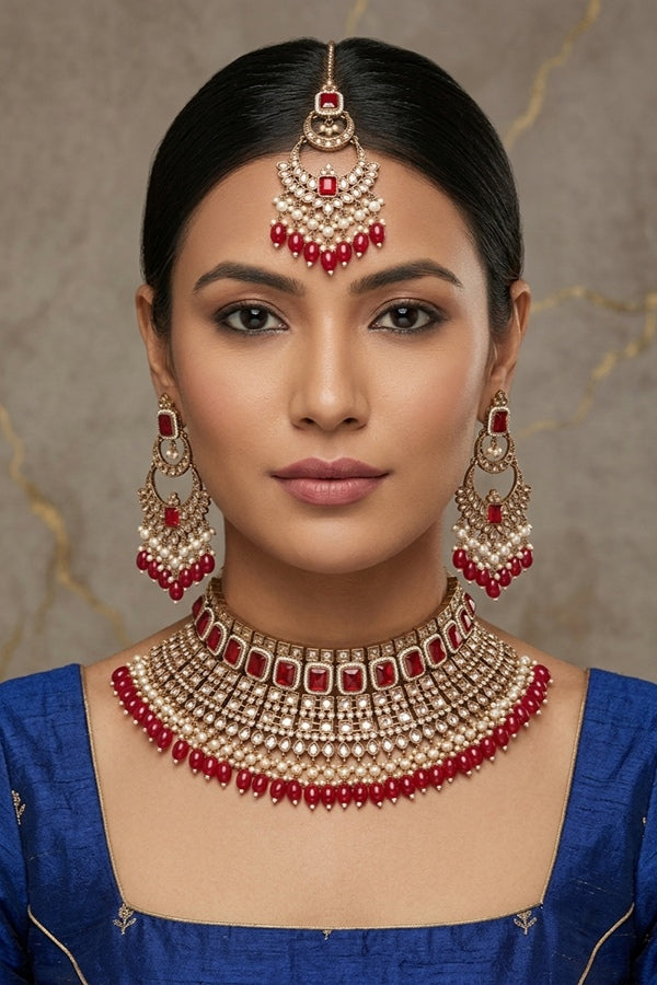 Red Large Statement Polki Choker With Large Earrings And Tikka
