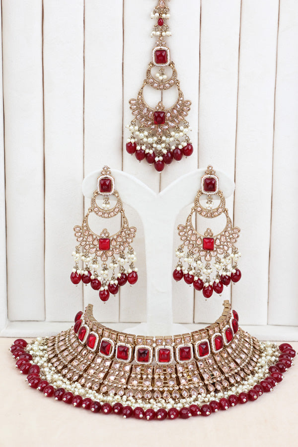 Ruby Large Statement Polki Choker With Large Earrings And Tikka (CS015-RU-MP-Polki)