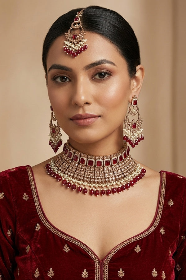 Ruby Large Statement Polki Choker With Large Earrings And Tikka