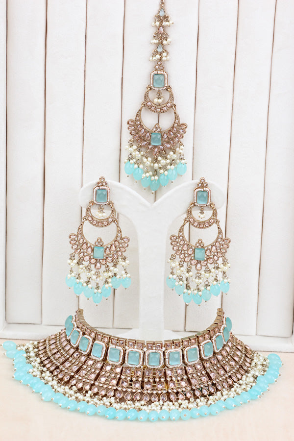 Sky Blue Large Statement Polki Choker With Large Earrings And Tikka (CS015-SB-MP-Polki)