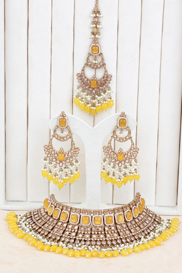 Yellow Large Statement Polki Choker With Large Earrings And Tikka (CS015-Y-MP-Polki)