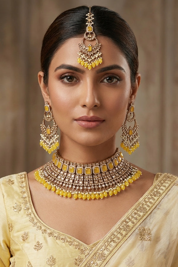 Yellow Large Statement Polki Choker With Large Earrings And Tikka