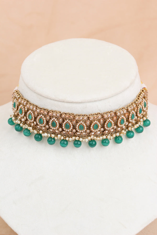 Green Mehndi Polish Polki Choker With Small Earrings And Small Tikka (CS021-G-Polki)
