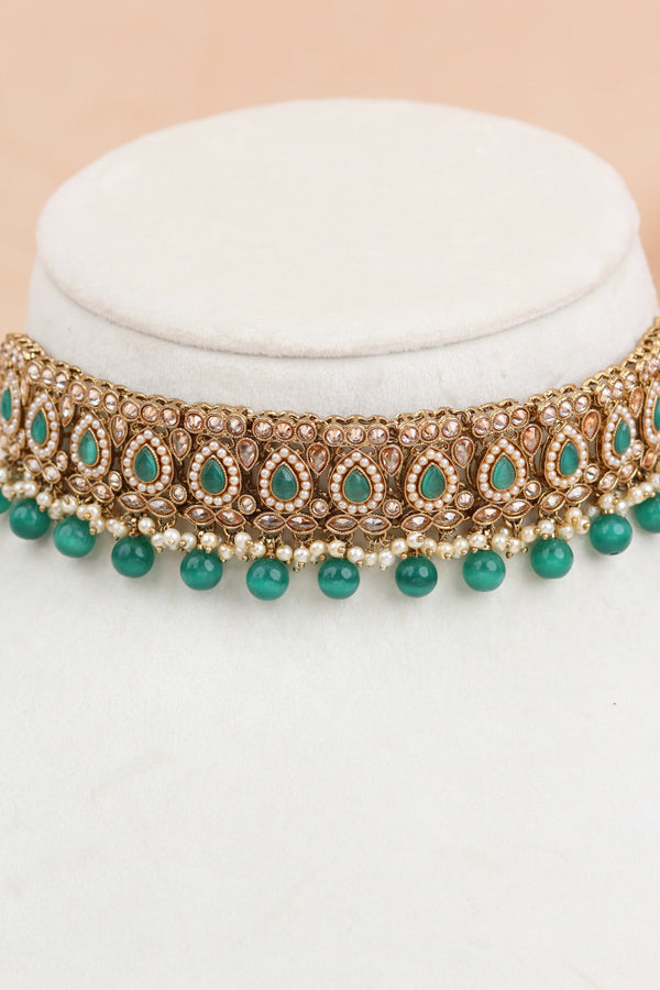 Green Mehndi Polish Polki Choker With Small Earrings And Small Tikka (CS021-G-Polki)