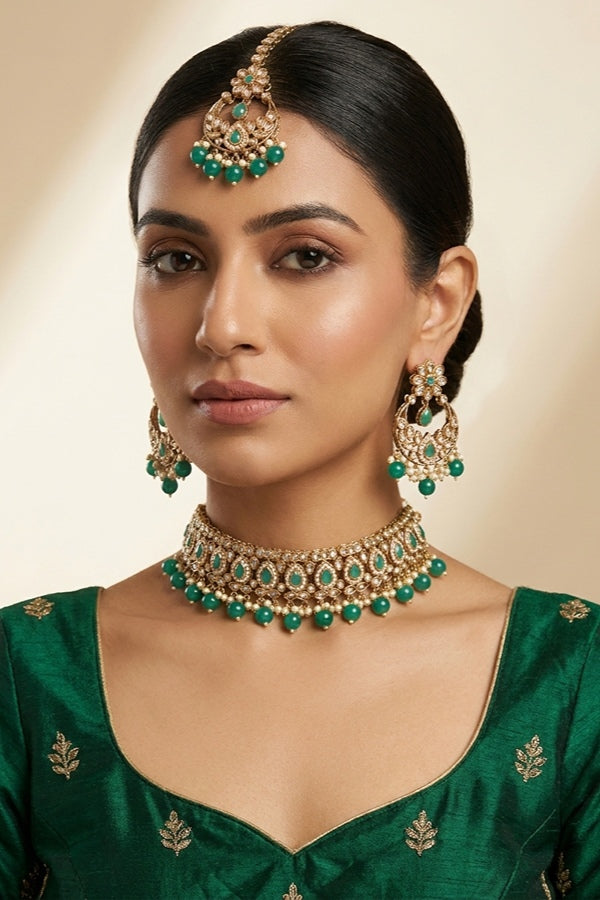 Green Mehndi Polish Polki Choker With Small Earrings And Small Tikka