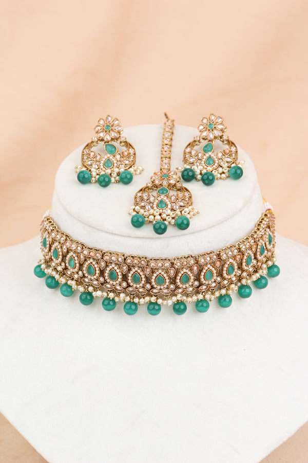 Green Mehndi Polish Polki Choker With Small Earrings And Small Tikka (CS021-G-Polki)