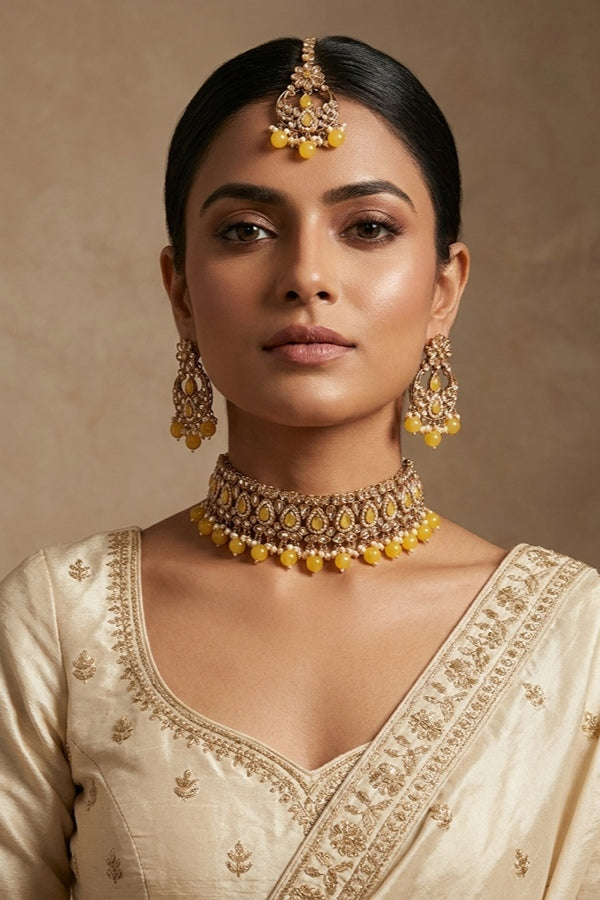 Yellow Mehndi Polish Polki Choker With Small Earrings And Small Tikka