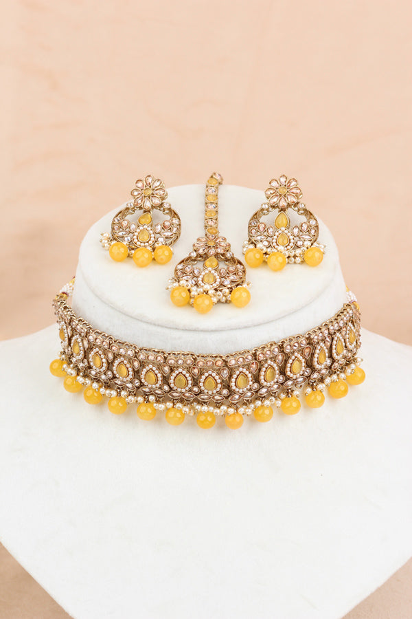 Yellow Mehndi Polish Polki Choker With Small Earrings And Small Tikka (CS021-Y-Polki)