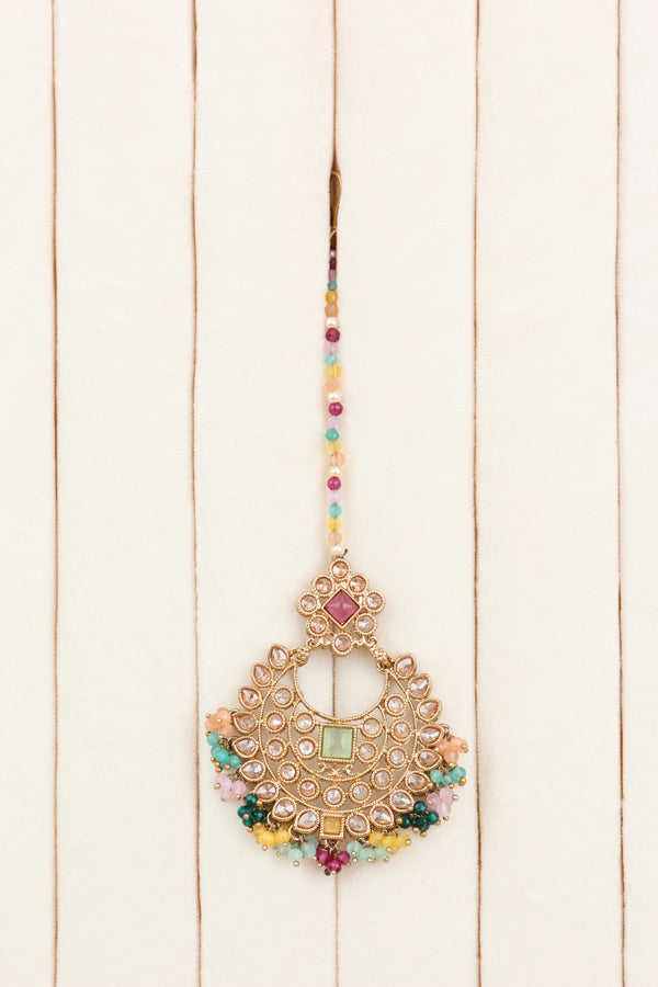 Multi Small Single Line Polki Choker With Large Earrings And Tikka (CS022-MU-Polki)