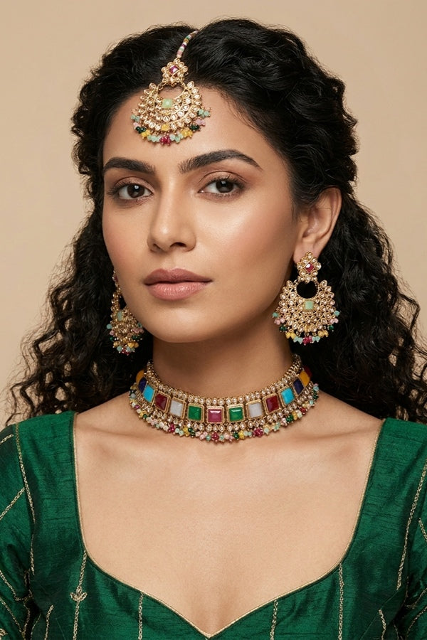 Multi Small Single Line Polki Choker With Large Earrings And Tikka