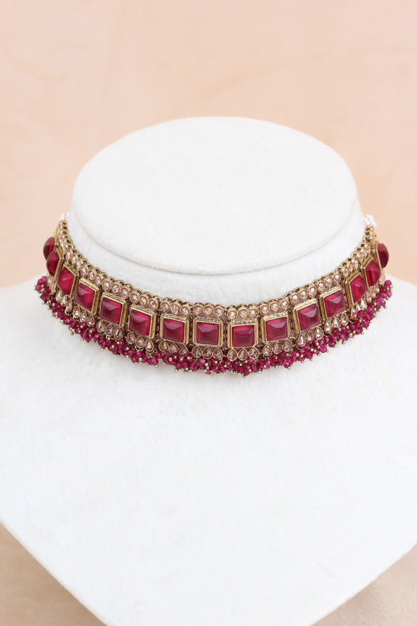 Ruby Red Small Single Line Polki Choker With Large Earrings And Tikka (CS022-RU-Polki)
