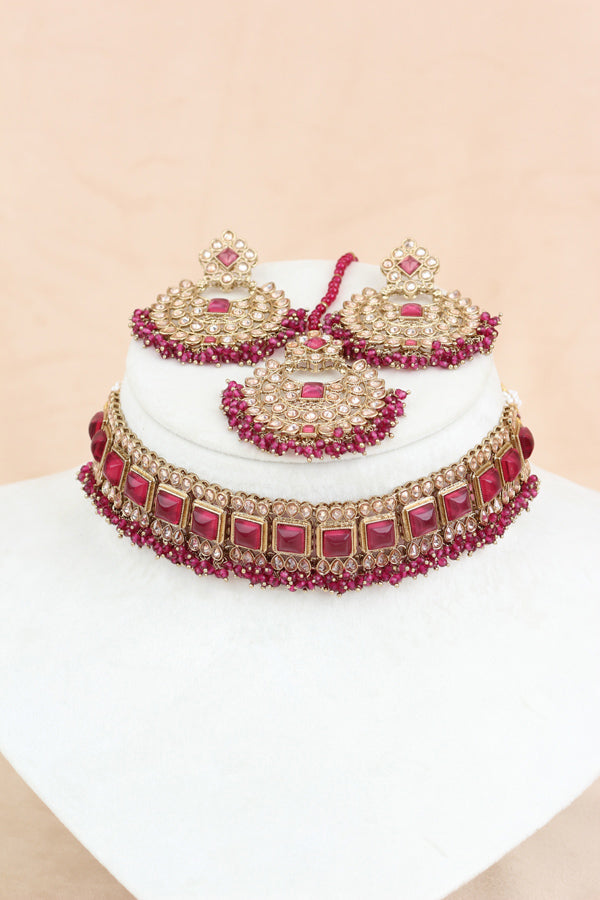 Ruby Red Small Single Line Polki Choker With Large Earrings And Tikka (CS022-RU-Polki)