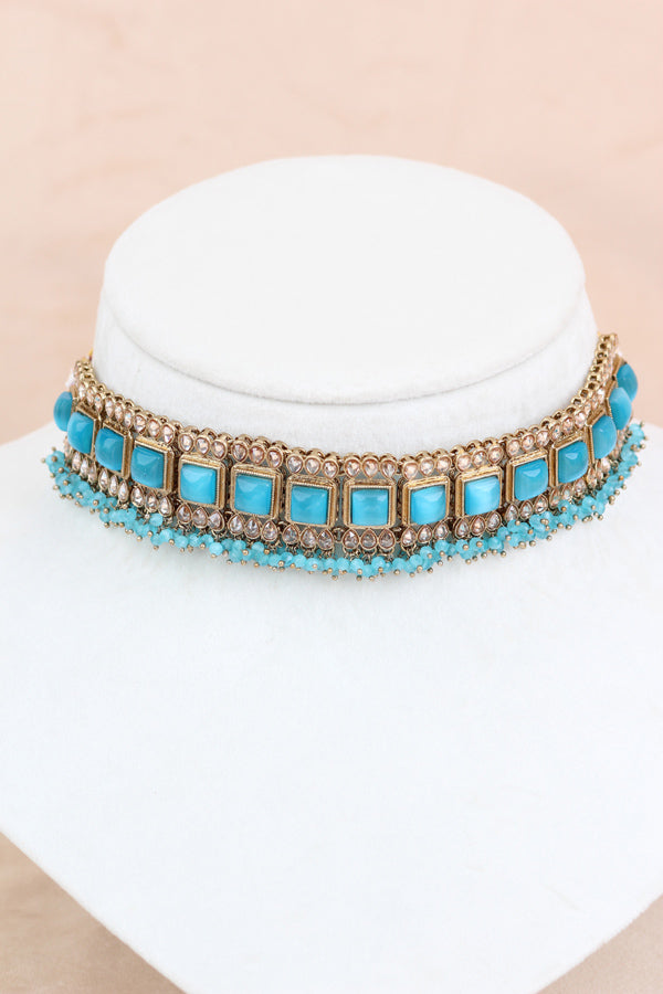 Turquoise Blue Small Single Line Polki Choker With Large Earrings And Tikka (CS022-TB-Polki)