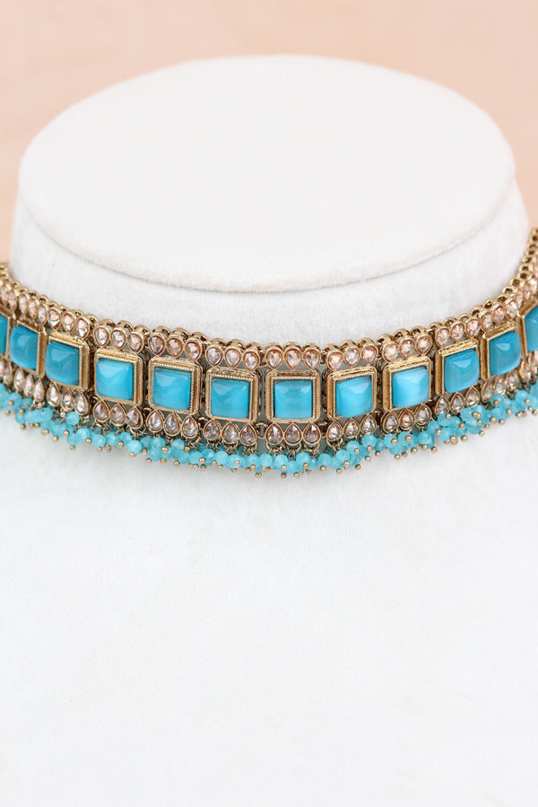 Turquoise Blue Small Single Line Polki Choker With Large Earrings And Tikka (CS022-TB-Polki)