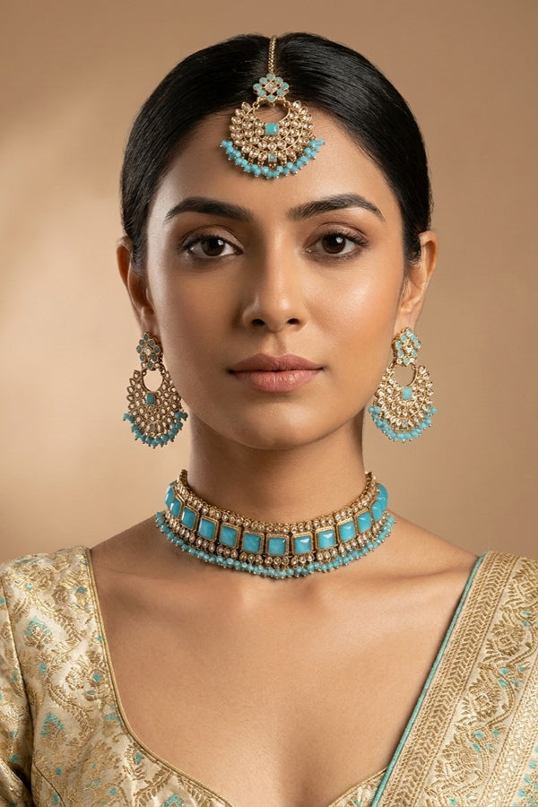 Turquoise Blue Small Single Line Polki Choker With Large Earrings And Tikka