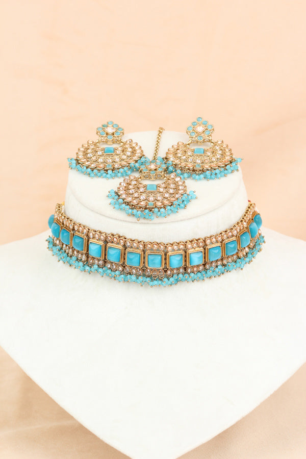 Turquoise Blue Small Single Line Polki Choker With Large Earrings And Tikka (CS022-TB-Polki)