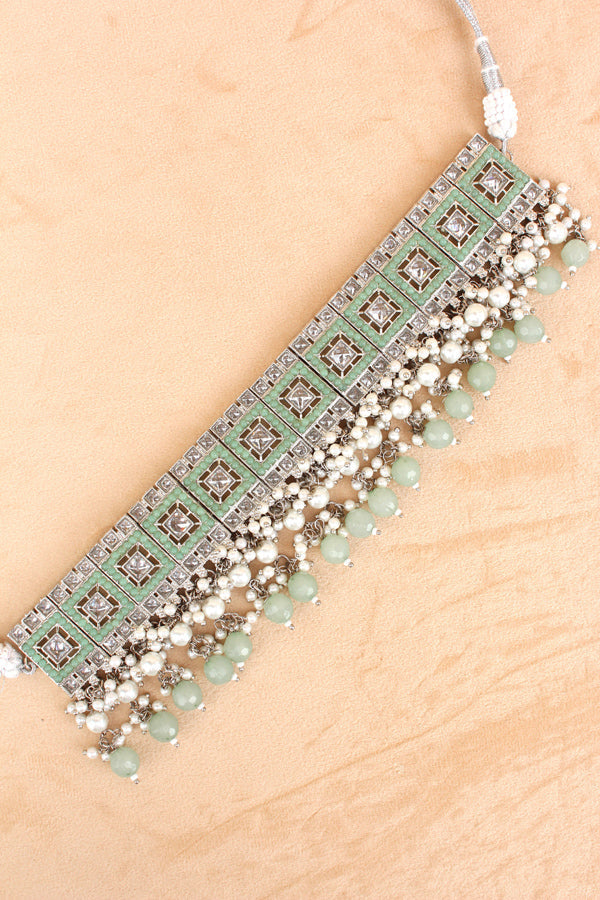 Light Green Silver Polish Polki Choker With Large Earrings And Tikka (CS023-LG-Polki)