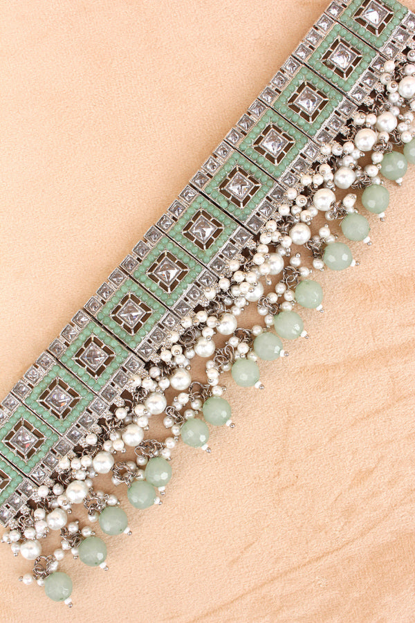 Light Green Silver Polish Polki Choker With Large Earrings And Tikka (CS023-LG-Polki)