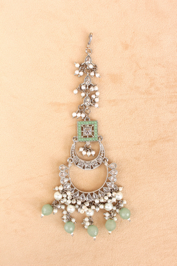 Light Green Silver Polish Polki Choker With Large Earrings And Tikka (CS023-LG-Polki)
