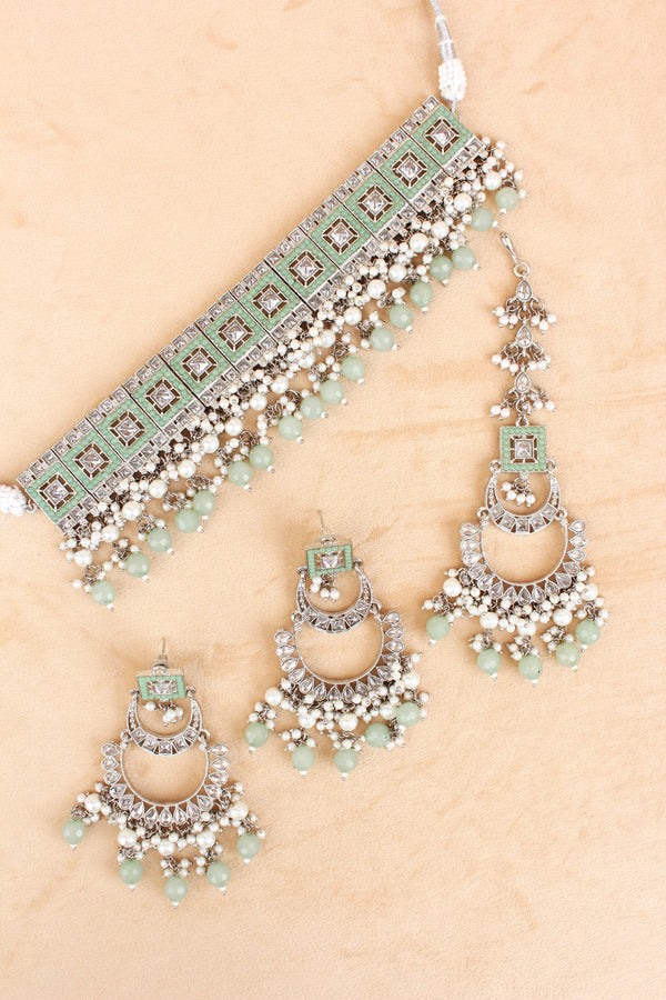Light Green Silver Polish Polki Choker With Large Earrings And Tikka (CS023-LG-Polki)