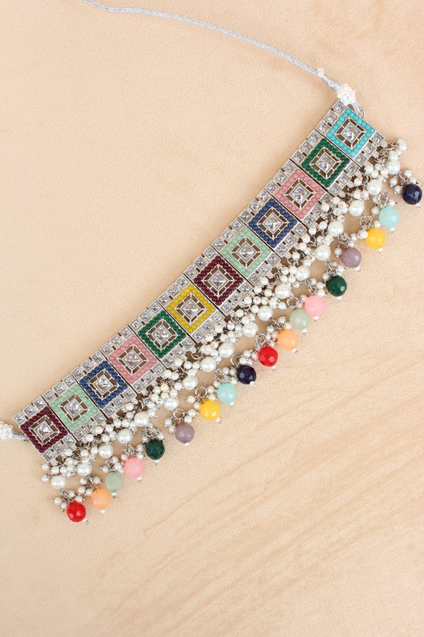 Multi Silver Polish Polki Choker With Large Earrings And Tikka (CS023-MU-Polki)