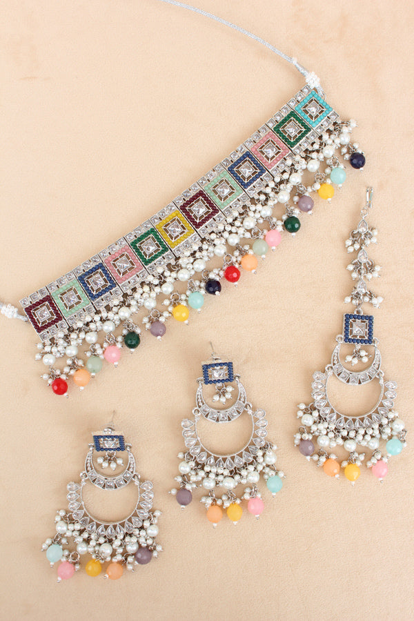 Multi Silver Polish Polki Choker With Large Earrings And Tikka (CS023-MU-Polki)