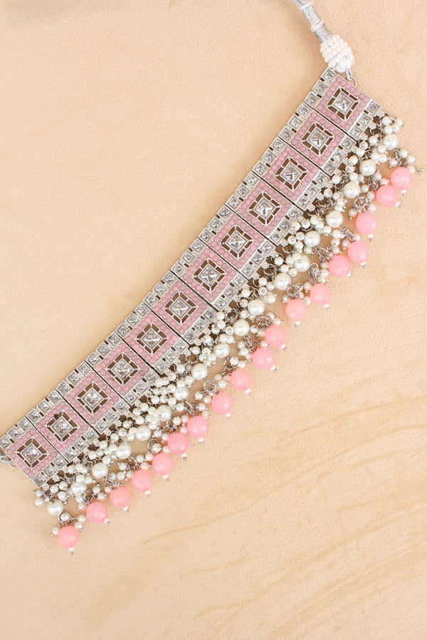 Pink Silver Polish Polki Choker With Large Earrings And Tikka (CS023-P-Polki)