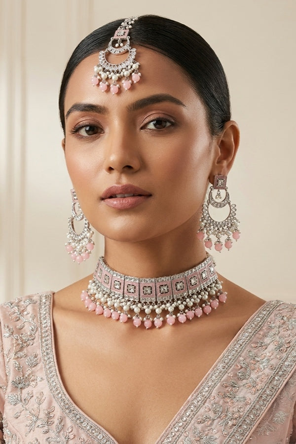 Pink Silver Polish Polki Choker With Large Earrings And Tikka