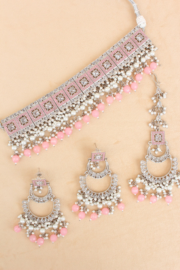 Pink Silver Polish Polki Choker With Large Earrings And Tikka (CS023-P-Polki)