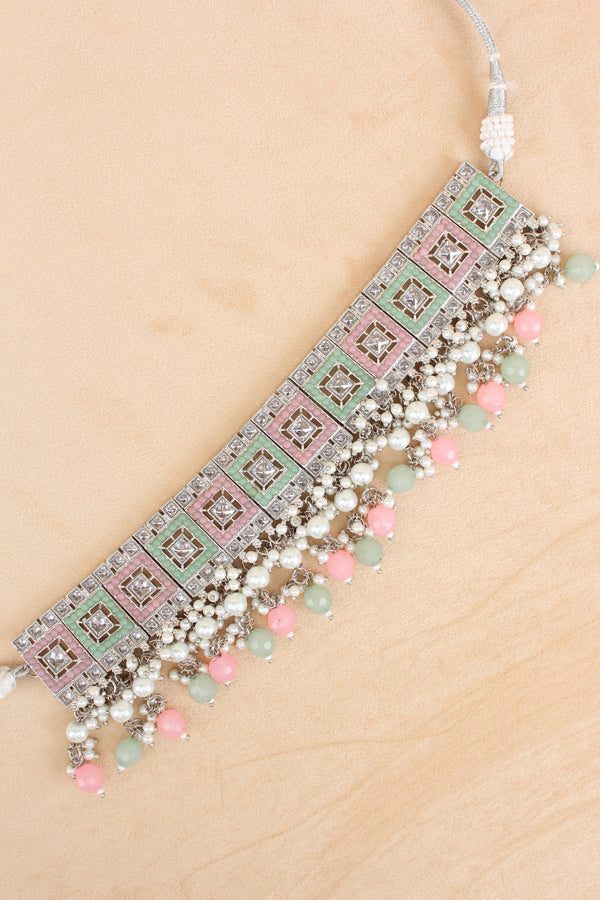 Pink Green Silver Polish Polki Choker With Large Earrings And Tikka (CS023-PG-Polki)