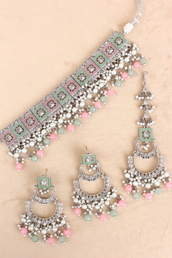 Pink Green Silver Polish Polki Choker With Large Earrings And Tikka (CS023-PG-Polki)