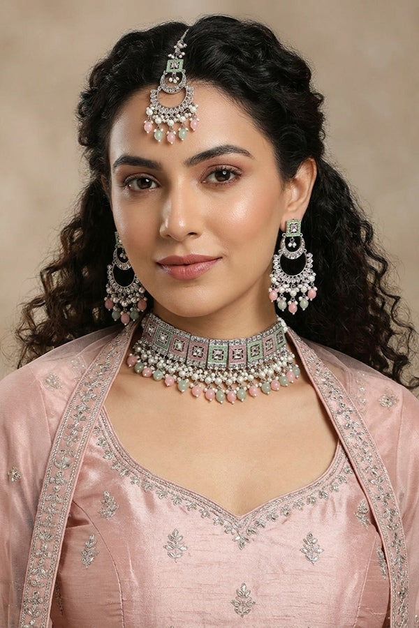 Pink Green Silver Polish Polki Choker With Large Earrings And Tikka