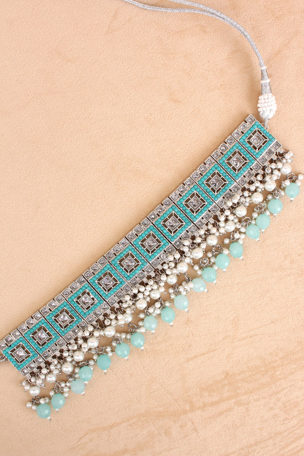 Sky Blue Silver Polish Polki Choker With Large Earrings And Tikka (CS023-SB-Polki)