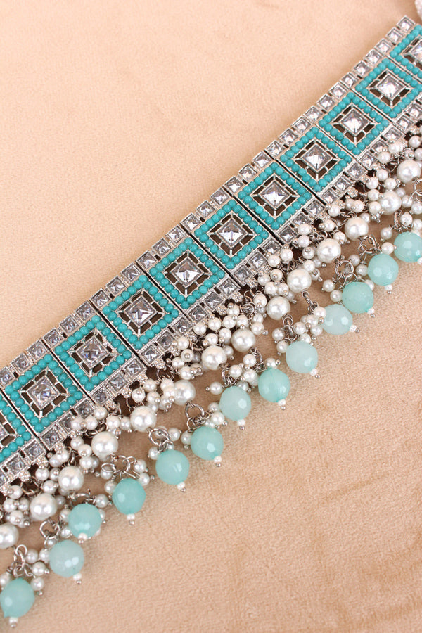 Sky Blue Silver Polish Polki Choker With Large Earrings And Tikka (CS023-SB-Polki)