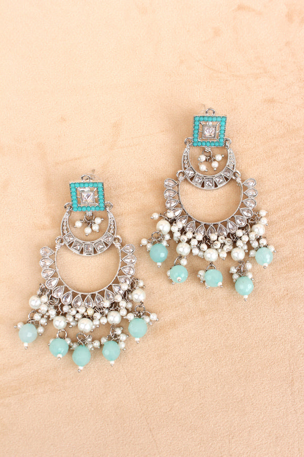 Sky Blue Silver Polish Polki Choker With Large Earrings And Tikka (CS023-SB-Polki)