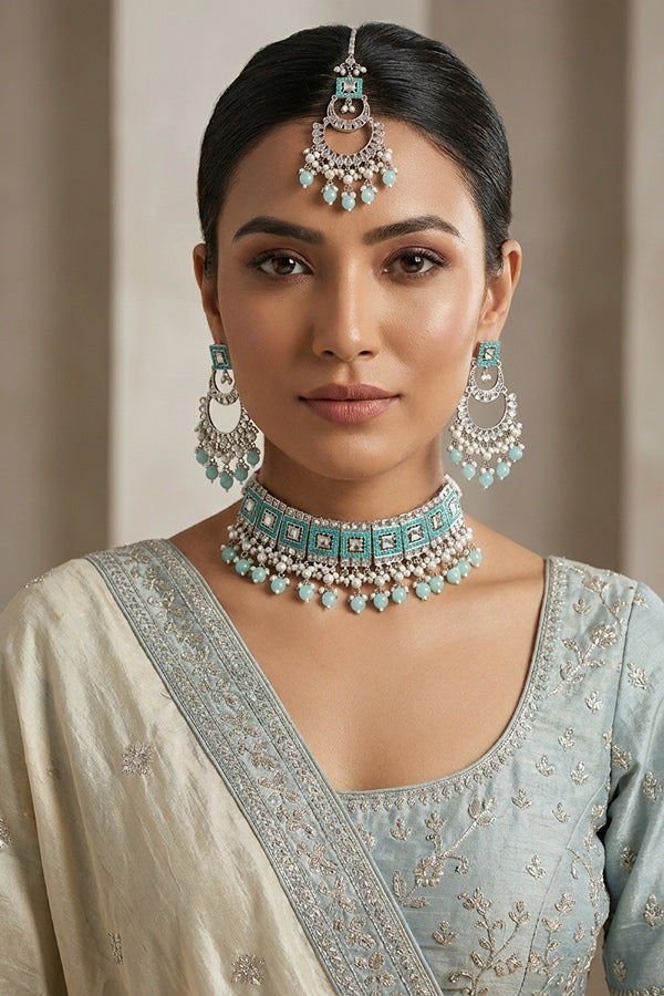 Sky Blue Silver Polish Polki Choker With Large Earrings And Tikka